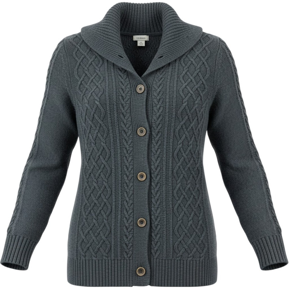 LL Bean Cardigan Sweater Womesn M Gray Cable Knit Shawl Collar Button Front